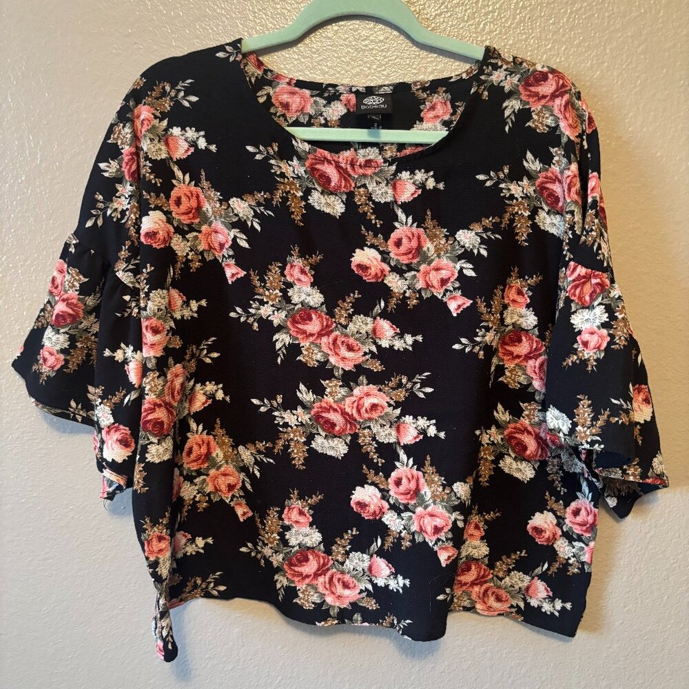 Pink and Black Floral Blouse with fun 3/4 length sleeves - Bobeau - XL